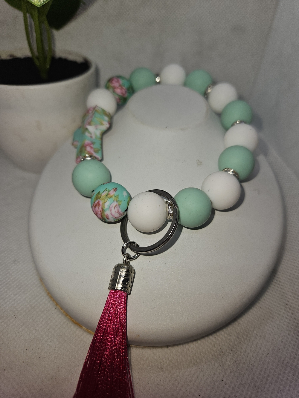 Mint & White Beaded Key Ring with Pink Tassel